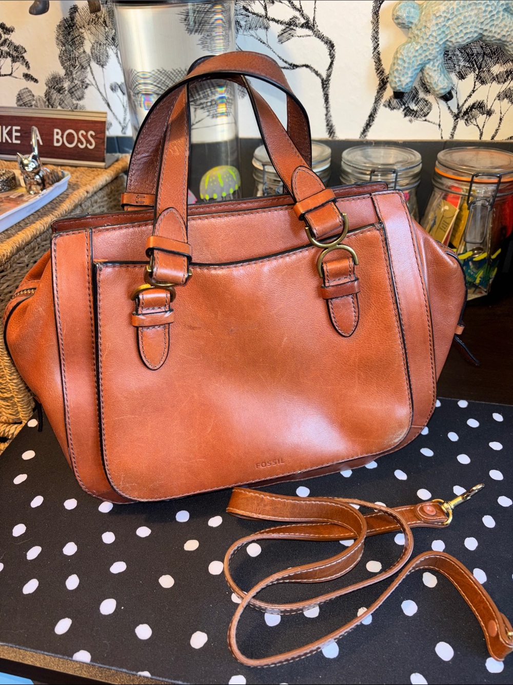 brown leather Fossil Women's Brooke Satchel, featuring dual top handles and fron